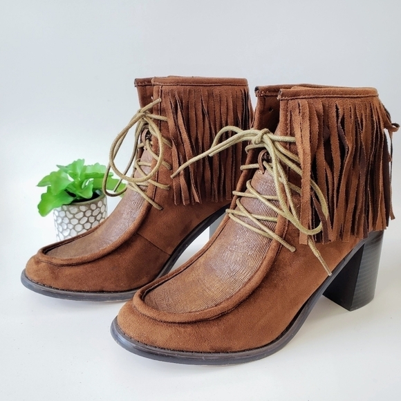 Anthropologie Vanessa Wu Brown Suede Fringed Lace Up Moccasin Booties Size 37 - Picture 6 of 11